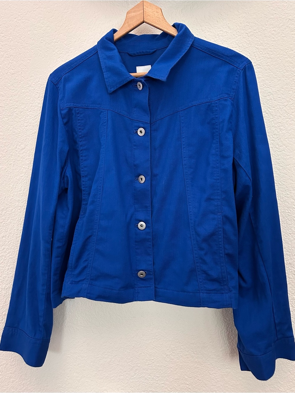 $129 J. Jill Cotton & Linen Seamed Denim Jacket Vibrant Blue Sz large excellent - Picture 6 of 12
